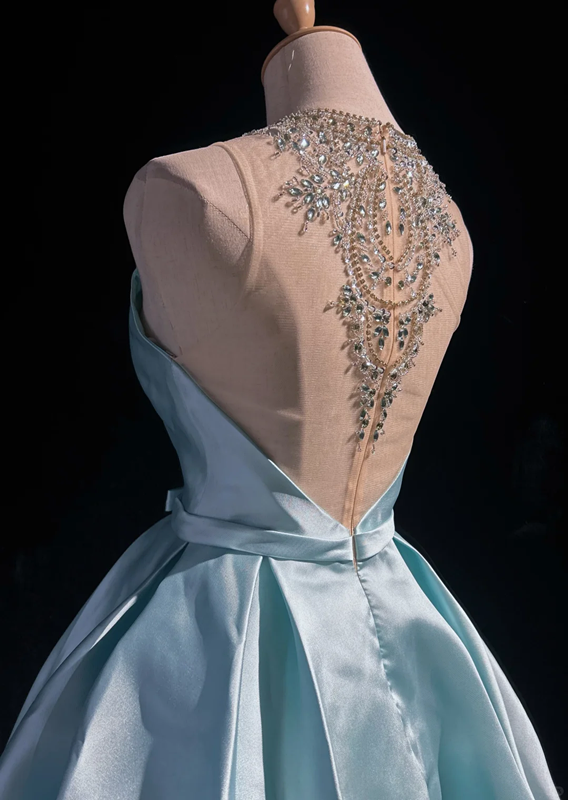 Lake blue round neck sheer diamond neckline waist slim fit princess short dress homecoming dress R4892