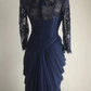 Navy blue lace-sleeved, fitted, pleated, bodycon long ball gown R6745