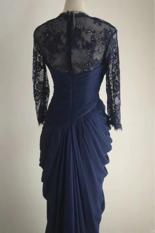 Navy blue lace-sleeved, fitted, pleated, bodycon long ball gown R6745