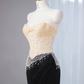 Light apricot strapless fitted bodice with a black bodycon skirt, long ball gown, bridal dress R9021