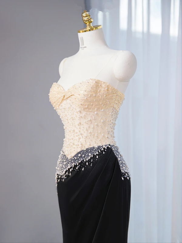 Light apricot strapless fitted bodice with a black bodycon skirt, long ball gown, bridal dress R9021