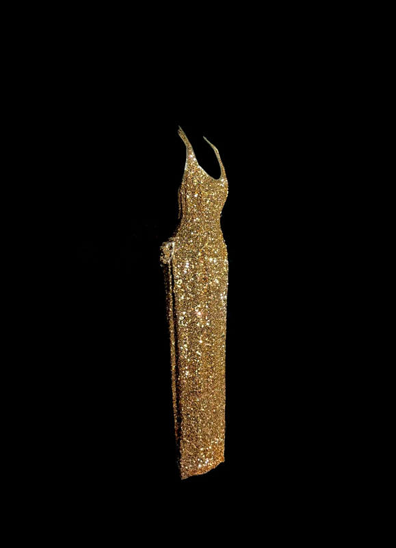 Gold sequined halter-neck fitted sexy ball gown R6625