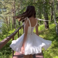 White Spaghetti‑Strap Tie‑Waist Fit‑and‑Flare Princess Mini Homecoming Dress R5455