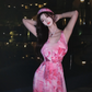 Pink floral print halter-neck fitted waist slit sexy long ball gown R7064