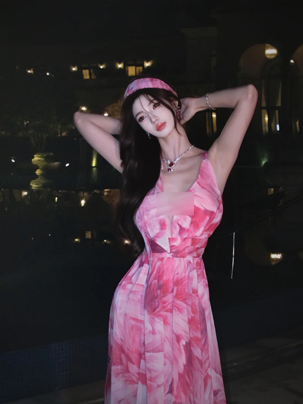 Pink floral print halter-neck fitted waist slit sexy long ball gown R7064