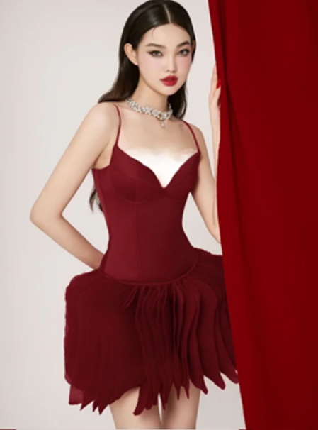 Red suspenders sexy waist slim skirt homecoming dress R4485
