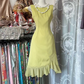 Light yellow-green sleeveless fitted midi ball gown R7851