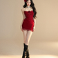 Red suspenders slim waist slim sexy mini skirt homecoming dress R5235