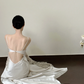 White spaghetti-strap cutout waist-cinched slim-fit backless sexy long prom gown R8010