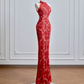 Red Chinese-style cheongsam with classic floral print, fitted waist and hip-hugging bodycon dress, ball gown, bridal gown R8209