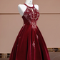 Red halter-neck, fitted waist, full skirt, long ball gown, bridal dress R8352