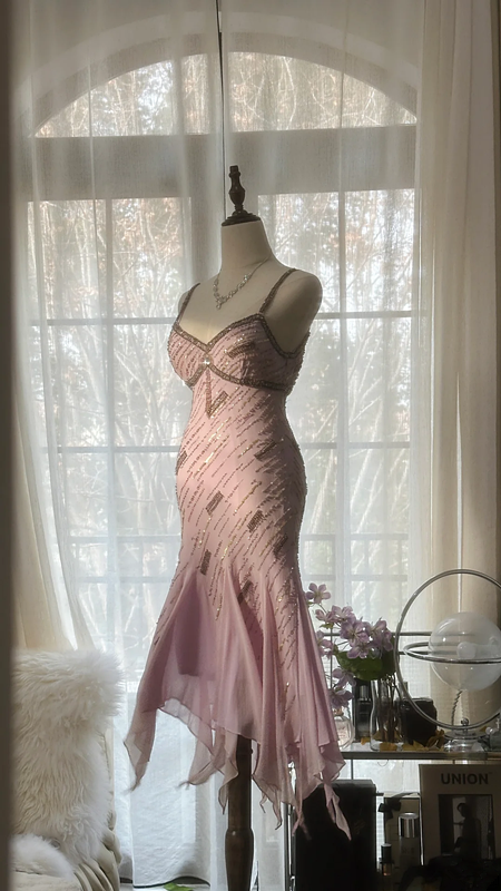 Light pink halter-neck fitted waist slim-fitting irregular hem midi ball gown R7700