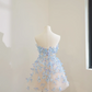Light blue butterfly-embellished strapless A-line short ball gown R8470