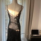 Black halter-neck fitted midi ball gown with rhinestone embellishments R7740
