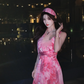 Pink floral print halter-neck fitted waist slit sexy long ball gown R7064