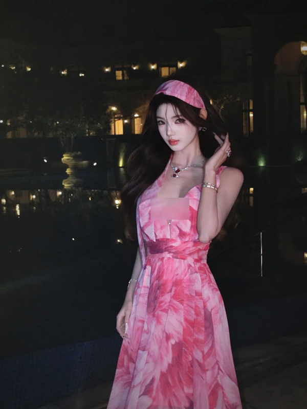 Pink floral print halter-neck fitted waist slit sexy long ball gown R7064