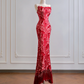 Red classic floral print strapless fitted waist slim hips sexy long ball gown R8179