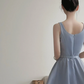 Light blue spaghetti strap, waist-cinched, full-skirted elegant prom dress R7970