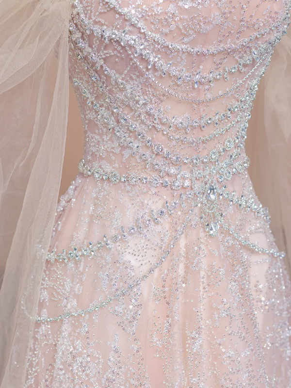 Light pink off-shoulder fitted waist long ball gown/bridal dress R8295
