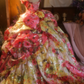 Pink retro floral strapless waist-cinching ball gown/bridal dress R7277
