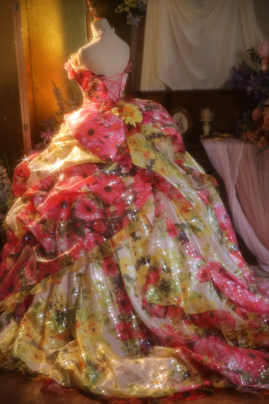 Pink retro floral strapless waist-cinching ball gown/bridal dress R7277