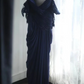 Navy blue lace-sleeved, fitted, pleated, bodycon long ball gown R6745