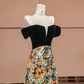 Black off-the-shoulder, fitted waist, sequined floral skirt, long ball gown R8385