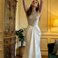 Silver-embellished white bodycon satin long ball gown, bridal dress R8597