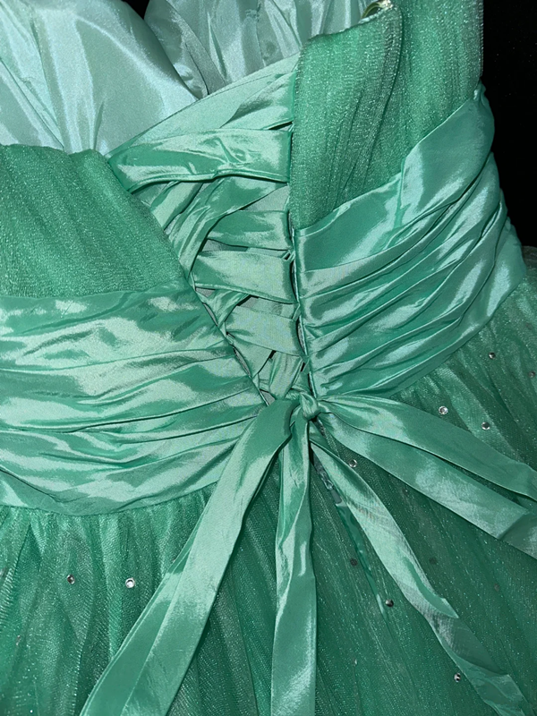 Green strapless, fitted waist, long princess-style ball gown with a full skirt R7044