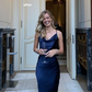 Navy blue halter-neck fitted long ball gown R8657