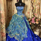 Blue tube top waist embroidered slim fit puffy skirt dress, prom dress R5355