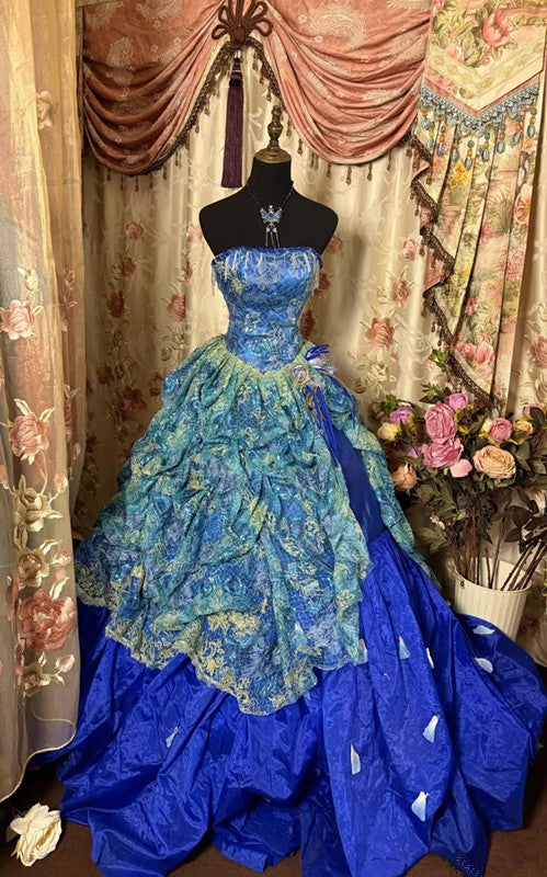 Blue tube top waist embroidered slim fit puffy skirt dress, prom dress R5355