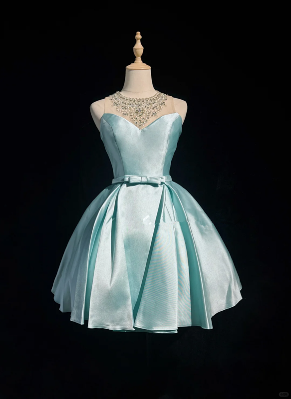 Lake blue round neck sheer diamond neckline waist slim fit princess short dress homecoming dress R4892