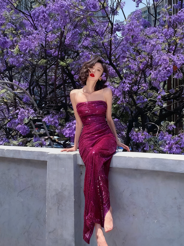 Charming purple sequin sexy waist tube top maxi prom dress, homecoming dress R3104