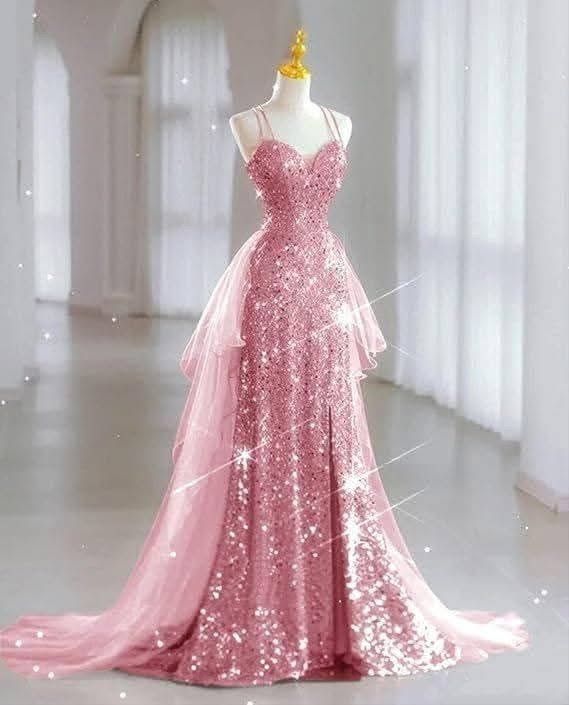 Pink suspender sequined waist slim sexy long skirt, prom dress R5308