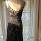 Black halter-neck fitted midi ball gown with rhinestone embellishments R7740