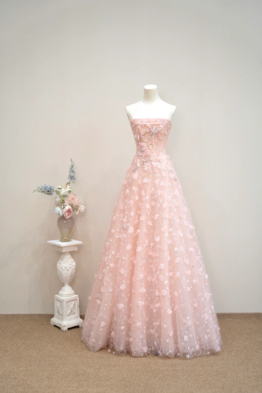 Light pink off-the-shoulder fitted long ball gown, bridal dress R8901