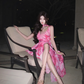 Pink floral print halter-neck fitted waist slit sexy long ball gown R7064