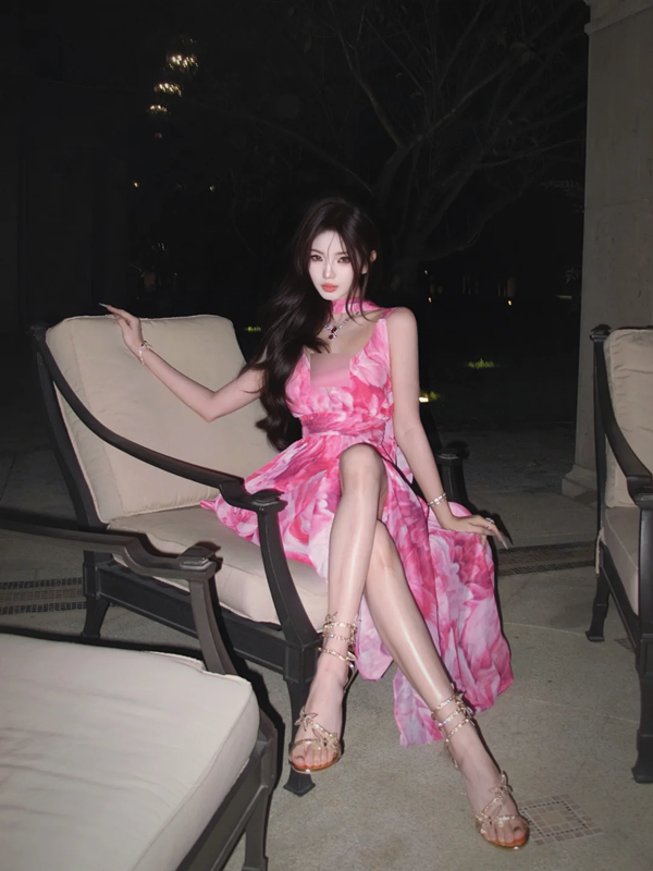 Pink floral print halter-neck fitted waist slit sexy long ball gown R7064