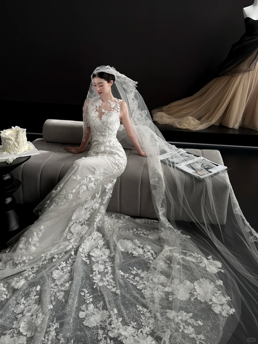 White sleeveless lace waist slim fishtail skirt floor-length wedding dress R6046