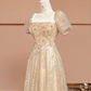 Apricot square neck fitted waist long ball gown R8410