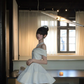 White gentle one-shoulder waist slim A-line short skirt homecoming dress R5092