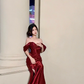 Red off-the-shoulder fitted waist sexy fishtail long ball gown R8131