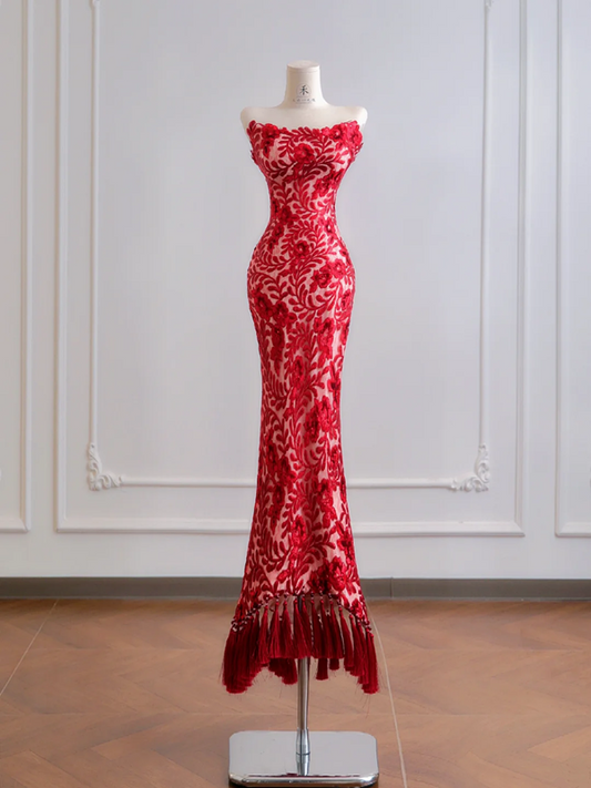 Red classic floral print strapless fitted waist slim hips sexy long ball gown R8179