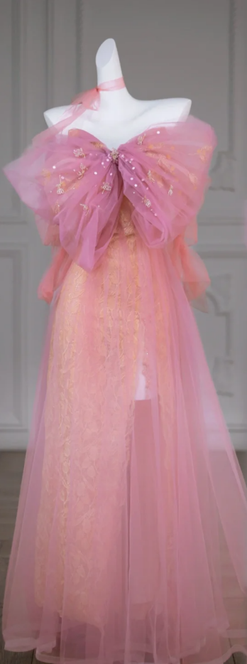 Pink bow neckline slim waist cute girl prom dress bridal gown R5828