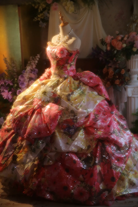 Pink retro floral strapless waist-cinching ball gown/bridal dress R7277