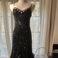 Black halter-neck fitted midi ball gown with rhinestone embellishments R7740
