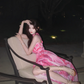 Pink floral print halter-neck fitted waist slit sexy long ball gown R7064