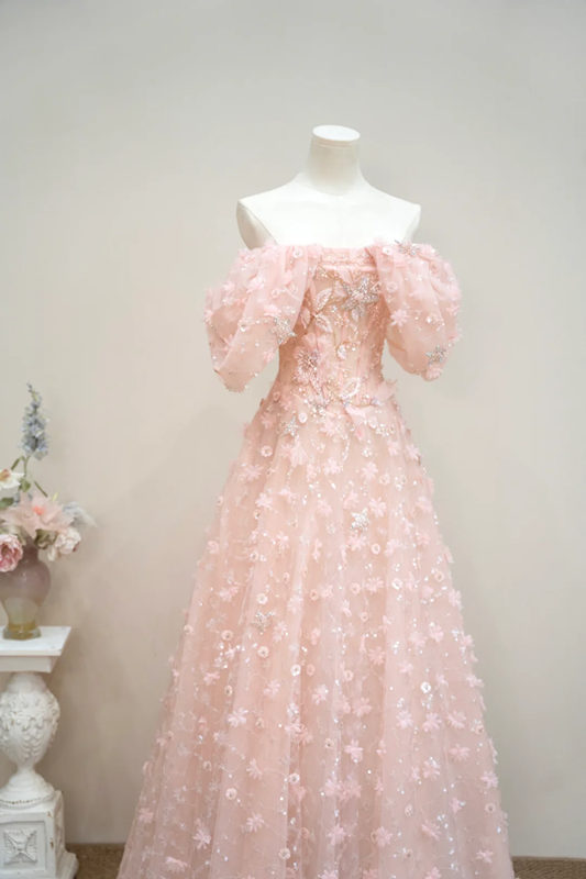 Light pink off-the-shoulder fitted long ball gown, bridal dress R8901