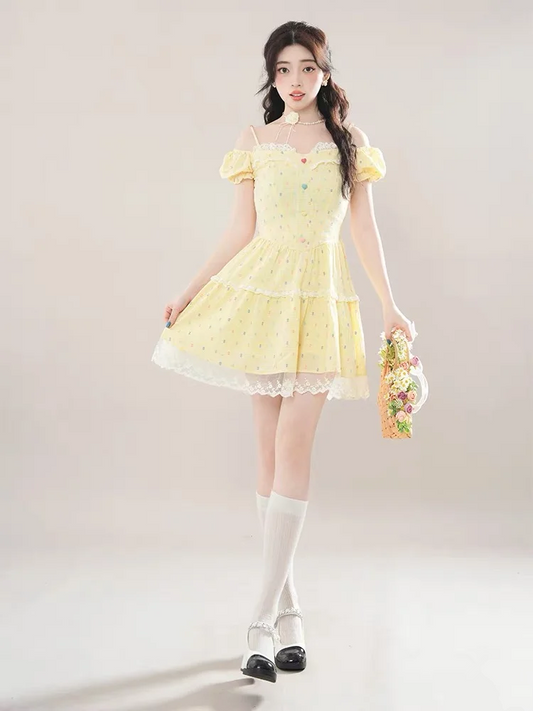 Yellow strapless one-shoulder waist slim A-line short skirt homecoming dress R5275